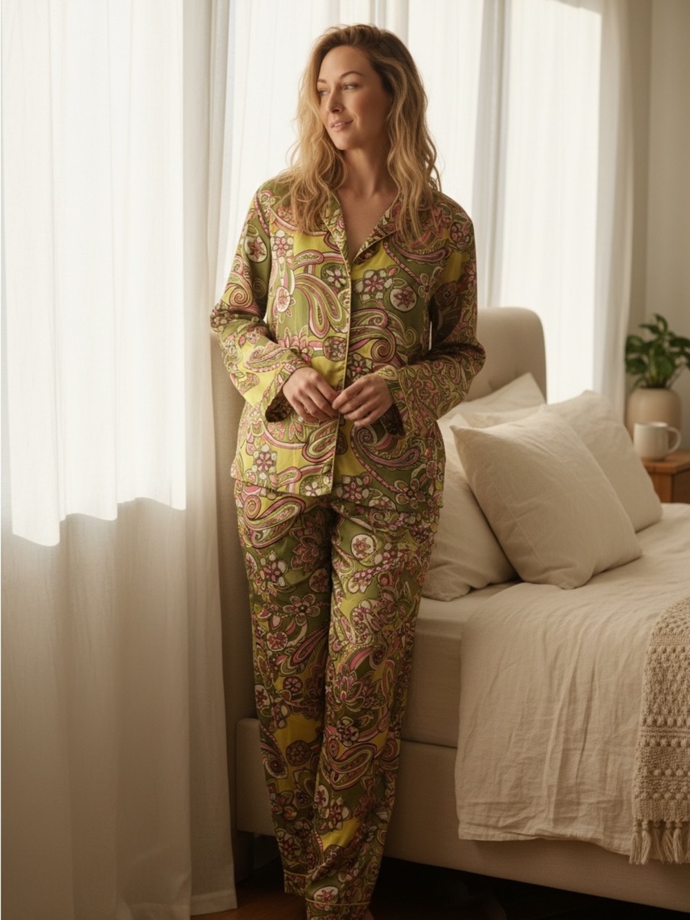 Olive & Pink Paisley Button-Front Pajama Set